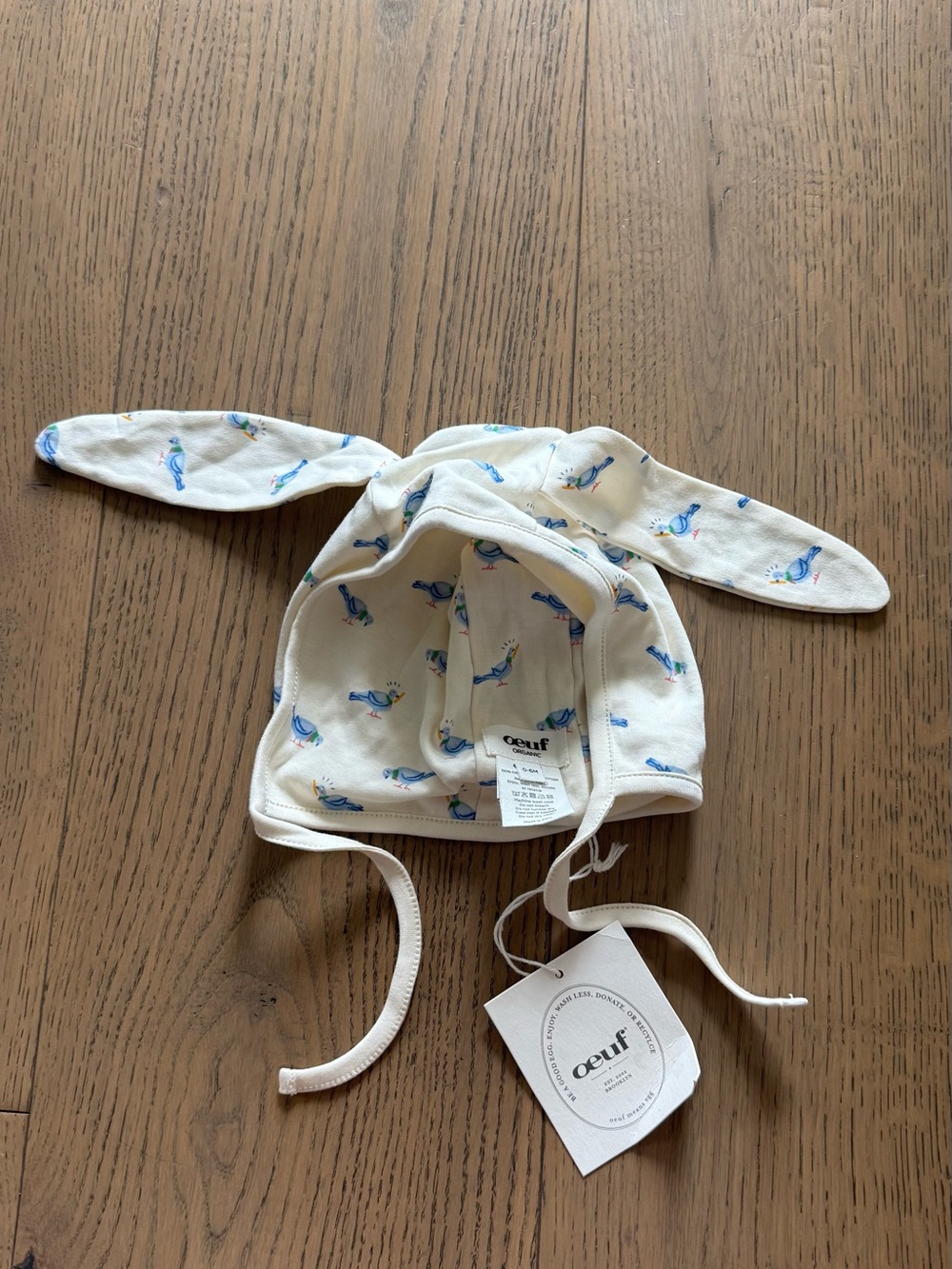 Oeuf Cream Bunny-Ear Hat with Pigeon Print NWT, 0-6 Months